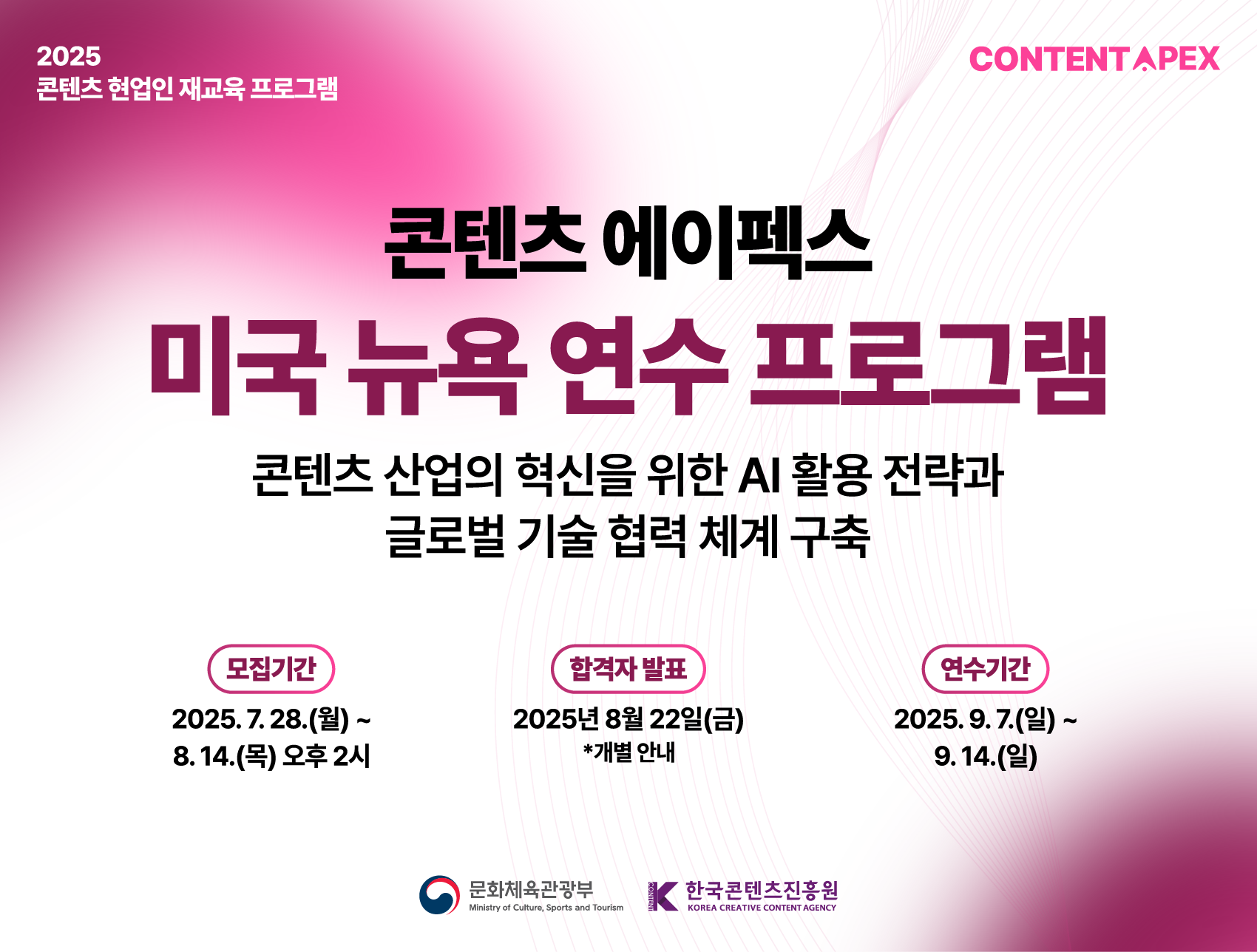 기간: 2025-07-28 ~ 2025-08-14, 2025 콘텐츠 에이펙스 미국 뉴욕 연수 프로그램(종료)