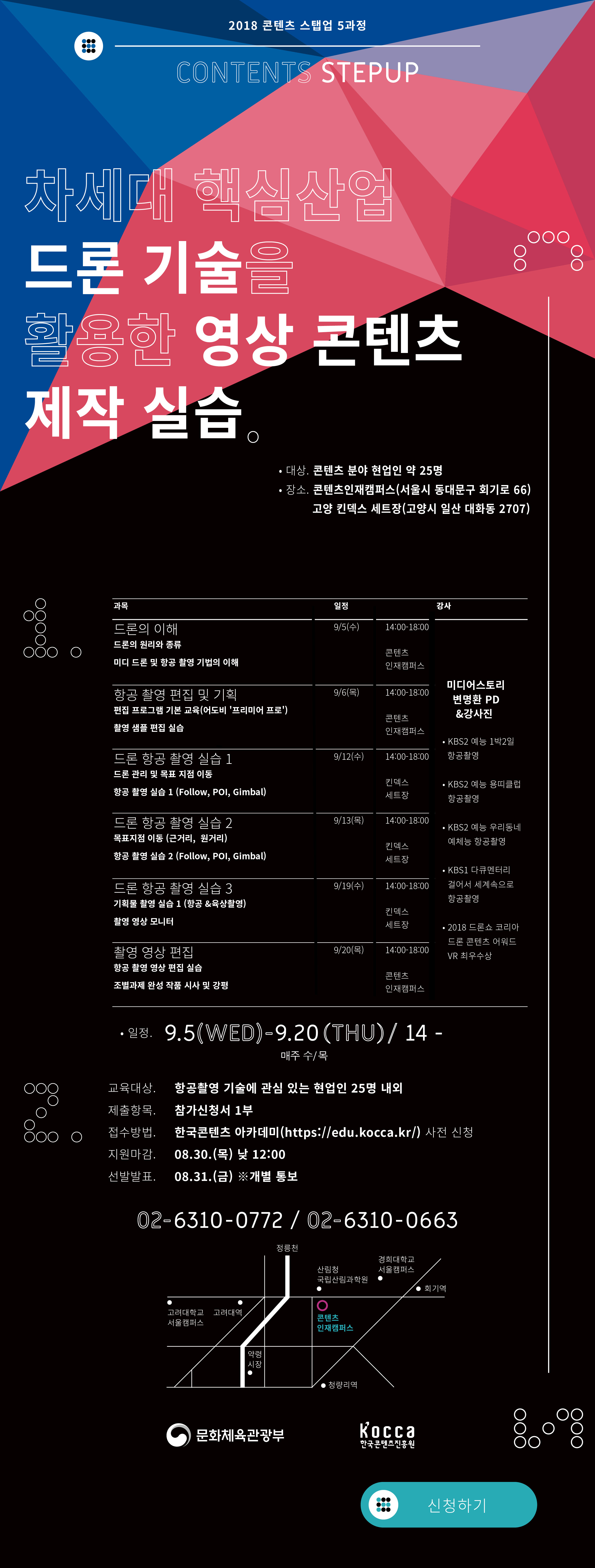 2018년 콘텐츠 스텝업 5과정 모집 <차세대 핵심산업 드론 기술을 활용한 영상 콘텐츠 제작 실습>
? 교육개요
○ 과 정 명 : 차세대 핵심산업, 드론 기술을 활용한 영상콘텐츠 제작
○ 일 시 : 2018. 09. 05.(수) ~ 09. 20.(목) 14:00 ~ 18:00 매주 목, 금
○ 장 소 : 콘텐츠인재캠퍼스 301호 강의장&그래픽스튜디오/고양 킨덱스 세트장
○ 교육대상 : 항공촬영 기술에 관심 있는 현업인 25명 내외
○ 교육형태 : 이론 강연, 야외 실습
○ 주요 일정 및 내용
9/5(수)
14:00-16:00
드론의 이론 교육
-드론의 원리와 종류
-드론의 기본 조작 및 셋팅법
-드론에 대한 안전 수칙
-항공 촬영의 필요성
-항공 촬영시 준비사항
-항공 촬영시 유의 사항 등
-질의 응답
16:00-17:00
드론의 가상 실습교육
-시뮬레이션 교육
-미니 드론 교육
17:00-18:00
드론을 활용한 항공촬영 기법
-육상 촬영 구도
-항공 촬영 구도
-항공 촬영 기법
9/6(목)
14:00-16:00
항공 촬영 편집
-편집의 필요성
-NLE 편집프로그램(어도브 프리미어) 기본 교육
-항공, 육상 촬영 샘플로 편집 실습
16:00-18:00
항공촬영 기획
-항공촬영 기획 작업
-조편성 조별 발표
9/12(수)
14:00-16:00
드론 항공 촬영 실습
-드론 관리법
-호버링
-목표 지점 이동(단거리)
16:00-18:00
드론 항공 촬영 실습
-목표 지점 이동 (근거리, 원거리)
-항공 촬영 실습 (Follow, POI, Gimbal 촬영)
9/13(목)
14:00-16:00
드론 항공 촬영 실습
-목표 지점 이동 (근거리, 원거리)
-항공 촬영 실습 (Follow, POI, Gimbal 촬영)
16:00-18:00
드론 항공 촬영 실습
-기획물 촬영 실습 (항공 & 육상촬영)
-촬영 영상 모니터
9/19(수)
14:00-18:00
드론 항공 촬영 실습
-기획물 촬영 실습 (항공 & 육상촬영)
-촬영 영상 모니터
9/20(목)
14:00-18:00
촬영한 영상 편집
-항공촬영 영상 편집 실습
-조별 과제 완성 작품 시사 및 강평
○ 참가방법
(1) 신청 : 한국콘텐츠 아카데미(https://edu.kocca.kr/)를 통한 사전 신청
(2) 장소 : 콘텐츠인재캠퍼스 303호 강의장, 고양시 킨덱스 세트장
○ 연사 : 변명환 PD
-미디어스토리 대표
-방송 1박2일, 용띠클럽, 우리동네 예체능 프로그램 항공촬영 담당
-항공촬영 전문가