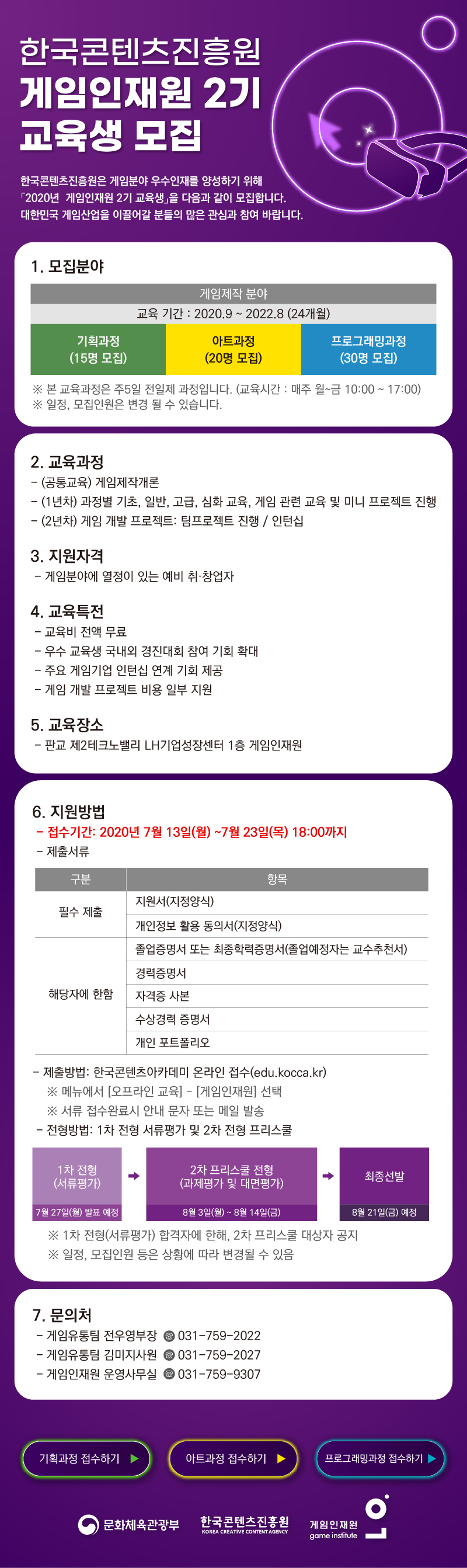 한국콘텐츠진흥원 게임인재원 2기 교육생 모집
한국콘텐츠진흥원은 게임분야 우수인재를 양성하기 위해 2020년 게임인재원 2기 교육생을 다음과 같이 모집합니다.
대한민국 게임산업을 이끌어갈 분들의 많은 관심과 참여 바랍니다.
1. 모집분야
게임제작분야
교육기간 : 2020.09 ~ 2022.08(24개월)
기획과정 15명 모집, 아트과정 20명 모집, 프로그래밍과정 30명 모집
본 교육과정은 주5일 전일제 과정입니다 (교육시간 : 매주 월~금 10:00 ~ 17:00)
일정,모집인원은 변경될 수 있습니다.
2. 교육과정
(공통교육)게임제작개론
(1년차)과정별 기초, 일반, 고급, 심화 교육, 게임 관련 교육 및 미니 프로젝트 진행
(2년차)게임개발프로젝트 : 팀프로젝트 진행/인턴쉽
3.지원자격
게임분야에 열정이 있는 예비취창업자
4.교육특전
교육비전액무료
우수 교육생 국내외 경진대회 참여 기회 확대
주요 게임기업 인턴십 연계 기회 제공
게임 개발 프로젝트 비용 일부 지원
5.교육장소
판교제2테크노밸리 LH기업성장센터 1층 게임인재원
6.지원방법
접수기간:2020년7월13일(월)~7월23일(목) 18:00까지
제출서류 : 필수제출 (지원서,개인정보활용동의서)
제출방법: 한국콘텐츠아마데미 온라인 접수
7. 문의처
게임유통팀 전우영 부장 : 031-759-2022
게임유통팀 김미지 사원 : 031-759-2027
게임인재원 운영사무실 : 031-759-9307