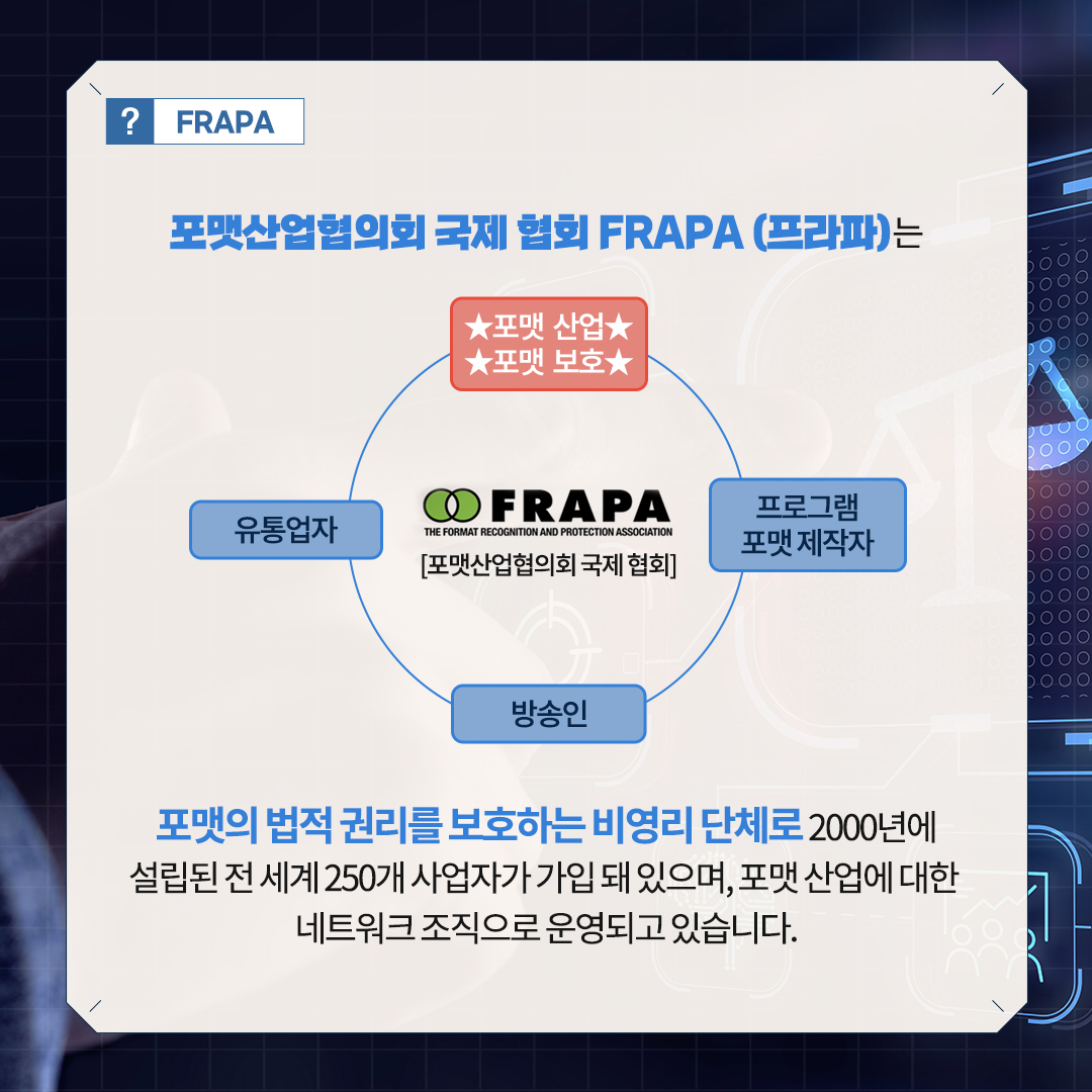 FRAPA 포맷산업협의회 국제 협회 FRAPA (프라파)는  포맷산업 포맷보호 유통업자 프로그램 포멧 제작자 방송인 포맷산업협의회 국제 협회 포맷의 법적 권리를 보호하는 비영리 단체로
 2000년에 설립된 전 세계 250개 
사업자가 가입 돼 있으며, 포맷 산업에 대한 
네트워크 조직으로 운영되고 있습니다.


 