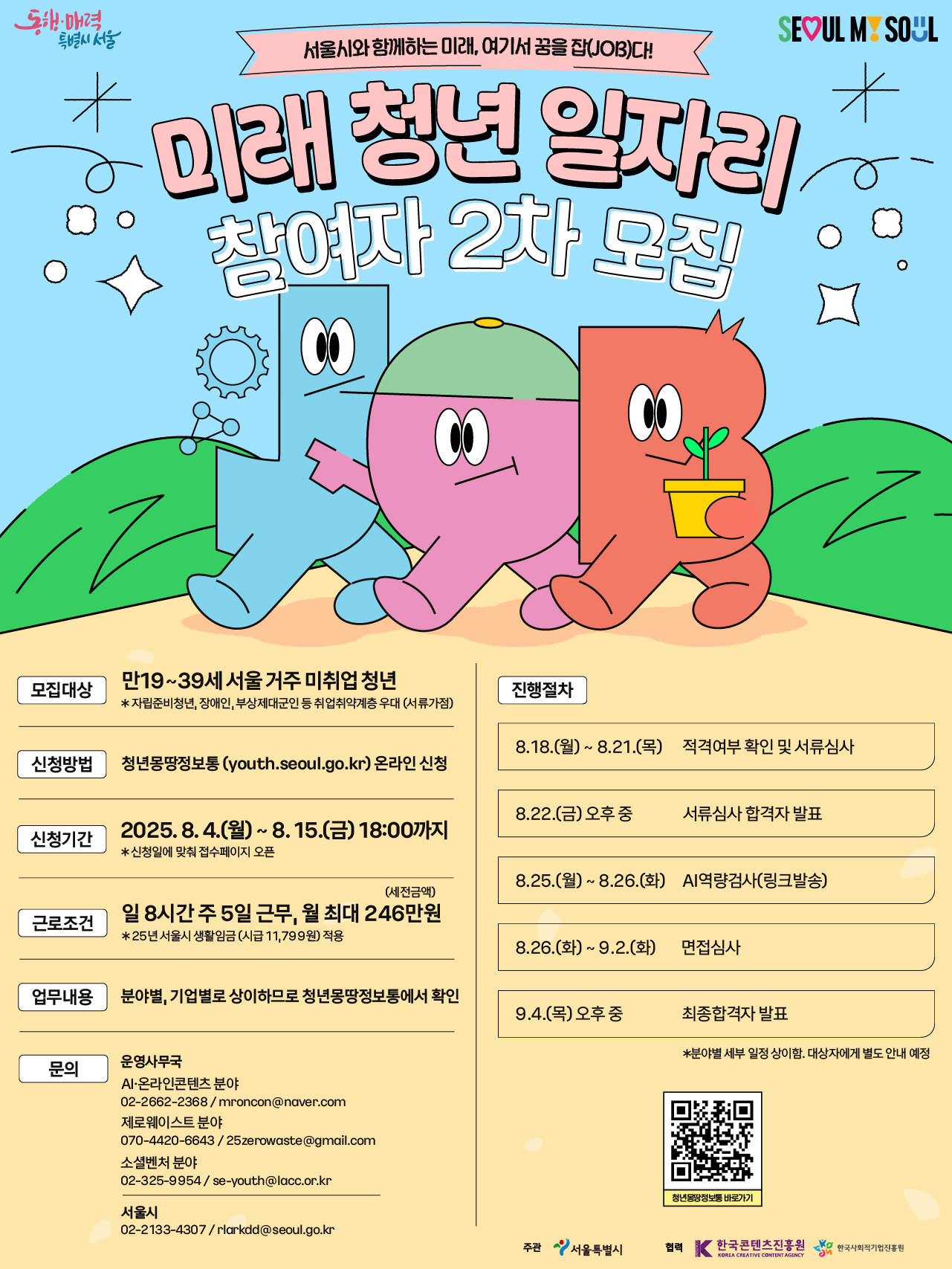 동행·매력 특별시 서울  seoul my soul
서울시와 함께하는 미래, 여기서 꿈을(JOB)다!
미래 청년 일자리
참여자 2차 모집
모집대상 만19~39세 서울 거주 미취업 청년
         * 자립준비청년, 장애인, 부상 제대군인 등 취업취약계층 우대(서류가점)
신청방법 청년몽땅정보통(youth.seoul.go.kr) 온라인 신청
신청기간 2025.8.4.(월)~8.15.(금) 18:00까지
         * 신청일에 맞춰 접수페이지 오픈
근로조건 일 8시간 주 5일 근무, 월 최대 246만원(세전금액)
         * 25년 서울시 생활임금(시급 11,799원)적용
업무내용 분야별, 기업별로 상이하므로 청년몽땅정보통에서 확인
문의 운영사무국
     AI·온라인콘텐츠 분야
     02-2662-2368 / mroncon@naver.com
     제로웨이스트 분야
     070-4420-6643 / 25zerowaste@gmail.com
     소셜벤처 분야
     02-325-9954 / se-youth@lacc.or.kr
     서울시
     02-2133-4307 / rlarkdd@seoul.go.kr

진행절차
8.18.(월) ~8.21.(목) 적격여부 확인 및 서류심사
8.22.(금) 오후중 서류심사 합격자 발표
8.25.(월) ~ 8.26.(화) AI역량검사(링크발송)
8.26.(화) ~ 9.2.(화) 면접심사
9.4.(목) 오후중 최종합격자 발표
       * 분야별 세부 일정 상이함. 대상자에게 별도 안내 예정