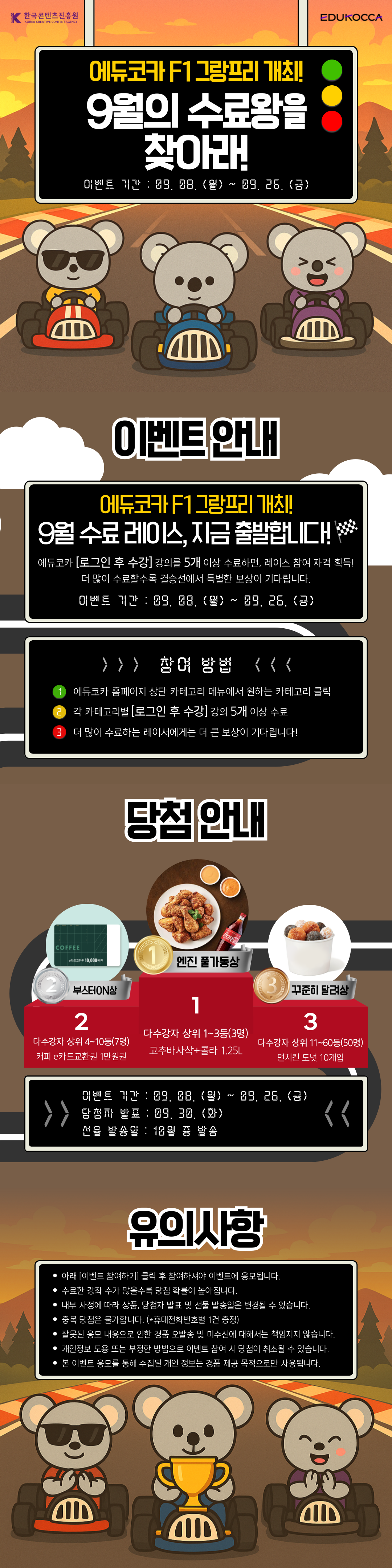 한국콘텐츠진흥원 EDUKOCCA

에듀코카 F1 그랑프리 개최!
9월의 수료왕을 찾아라!
이벤트 기간 : 09. 08. (월) ~ 09. 26. (금)

이벤트 안내
에듀코카 F1 그랑프리 개최!
9월 수료 레이스, 지금 출발합니다!
에듀코카 [로그인 후 수강] 강의를 5개 이상 수료하면, 레이스 참여 자격 획득!
더 많이 수료할수록 결승선에서 특별한 보상이 기다립니다.
이벤트 기간 : 09. 08. (월) ~ 09. 26. (금)

참여 방법
1 에듀코카 홈페이지 상단 카테고리 메뉴에서 원하는 카테고리 클릭
2 각 카테고리별 [로그인 후 수강] 강의 5개 이상 수료
3 더 많이 수료하는 레이서에게는 더 큰 보상이 기다립니다!

당첨 안내
1등 엔진 풀가동상
다수강자 상위 1~3등(3명)
고추바사삭+콜라 1.25L

2등 부스터ON상
다수강자 상위 4~10등(7명)
커피 e카드교환권 1만원권

3등 꾸준히 달려상
다수강자 상위 11~60등(50명)
먼치킨 도넛 10개입

이벤트 기간 : 09. 08. (월) ~ 09. 26. (금)
당첨자 발표 : 09. 30. (화)
선물 발송일 : 10월 중 발송

유의사항
아래 [이벤트 참여하기] 클릭 후 참여하셔야 이벤트에 응모됩니다.？
수료한 강좌 수가 많을 수록 당첨 확률이 높아집니다.？
내부 사정에 따라 상품, 당첨자 발표 및 선물 발송일은 변경될 수 있습니다.
중복 당첨은 불가합니다. (*휴대전화번호별 1건 증정)
잘못된 응모 내용으로 인한 경품 오발송 및 미수신에 대해서는 책임지지 않습니다.
개인정보 도용 또는 부정한 방법으로 이벤트 참여 시 당첨이 취소될 수？있습니다.
본 이벤트 응모를 통해 수집된 개인 정보는 경품 제공 목적으로만 사용됩니다.
