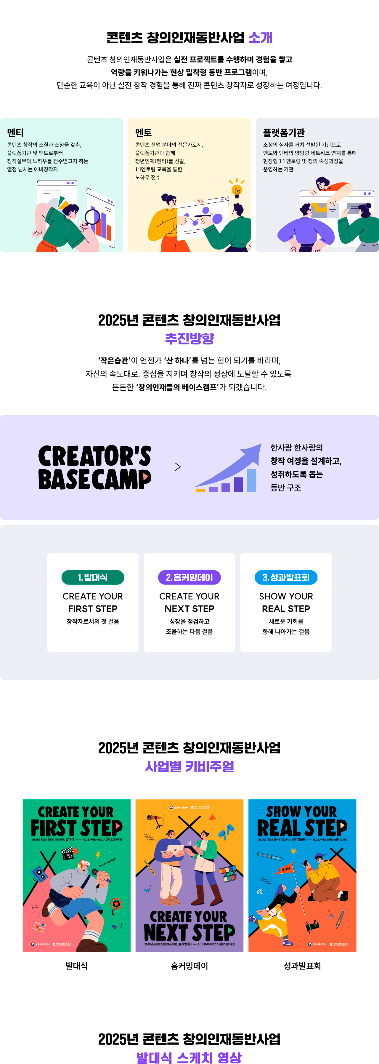 □콘텐츠 창의인재동반사업 소개. 콘텐츠 창의인재동반사업은 실전 프로젝트를 수행하며 경험을 쌓고 역량을 키워나가는 현상 밀착형 동반 프로그램이며, 단순한 교육이 아닌 실전 창작 경험을 통해 진짜 콘텐츠 창작자로 성장하는 여정입니다. ㅇ멘티: 콘텐츠 창작의 소질과 소양을 갖춘, 플랫폼기관 및 멘토로부터 창작실무와 노하우를 전수받고자 하는 열정 넘치는 예비창작자 ㅇ멘토: 콘텐츠 산업 분야의 전문가로서, 플랫폼기관과 함께 청년인재(멘티)를 선발, 1:1멘토링 교육을 통한 노하우 전수 ㅇ플랫폼기관: 소정의 심사를 거쳐 선발된 기관으로 멘토와 멘티의 양방향 네트워크 연계를 통해 현장형 1:1 멘토링 및 창의 숙성과정을 운영하는 기관 □2025년 콘텐츠 창의인재동반사업 추진방향. '작은습관'이 언젠가 '산 하나'를 넘는 힘이 되기를 바라며, 자신의 속도대로, 중심을 지키며 창작의 정상에 도달할 수 있도록 든든한 '창의인재들의 베이스캠프'가 되겠습니다. CREATOR'S BASECAMP 한사람 한사람의 창작 여정을 설계하고, 성취하도록 돕는 등반 구조. 1.발대식: CREATE YOUR FIRST STEP 창작자로서의 첫 걸음 2.홈커밍데이: CREATE YOUR NEXT STEP 성장을 점검하고 조율하는 다음 걸음 3. 성과발표회: SHOW YOUR REAL STEP 새로운 기회를 향해 나아가는 걸음 □2025년 콘텐츠 창의인재동반사업 사업별 키비주얼. ㅇ발대식 ㅇ홈커밍데이 ㅇ성과발표회 □2025년 콘텐츠 창의인재동반사업 발대식 스케치영상